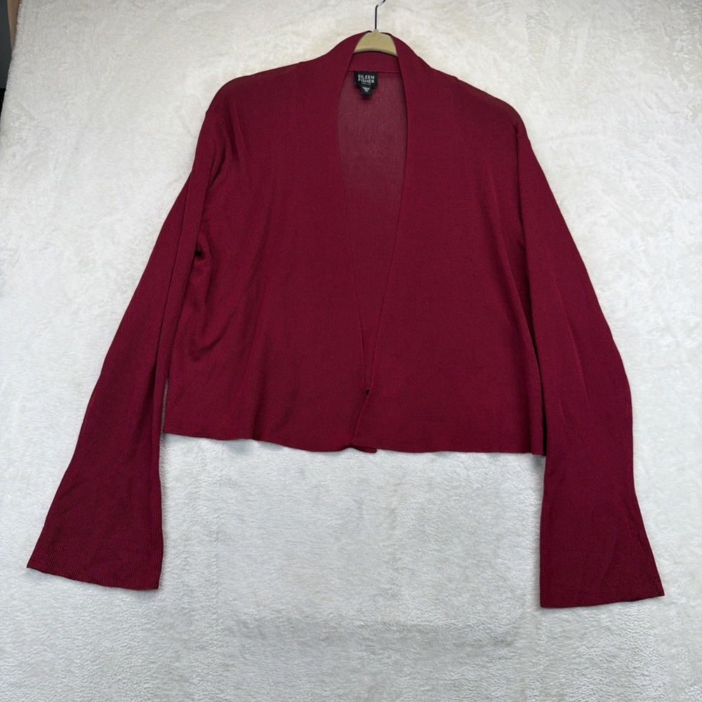 Eileen Fisher Womens PL Petite Open Front Cardigan Lightweight Knit Burgundy